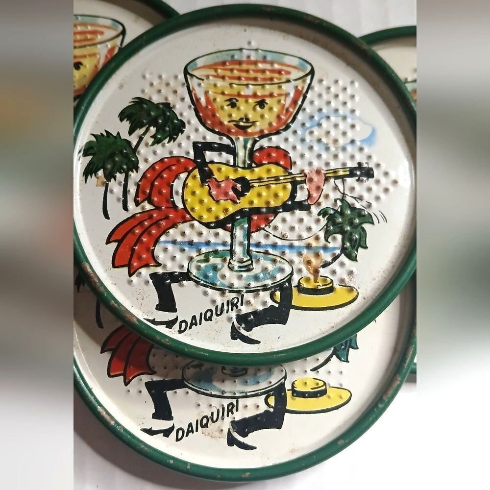 1950's Tin Litho Drink Coasters Scotch Soda Daiquiri Vintage 8 Set